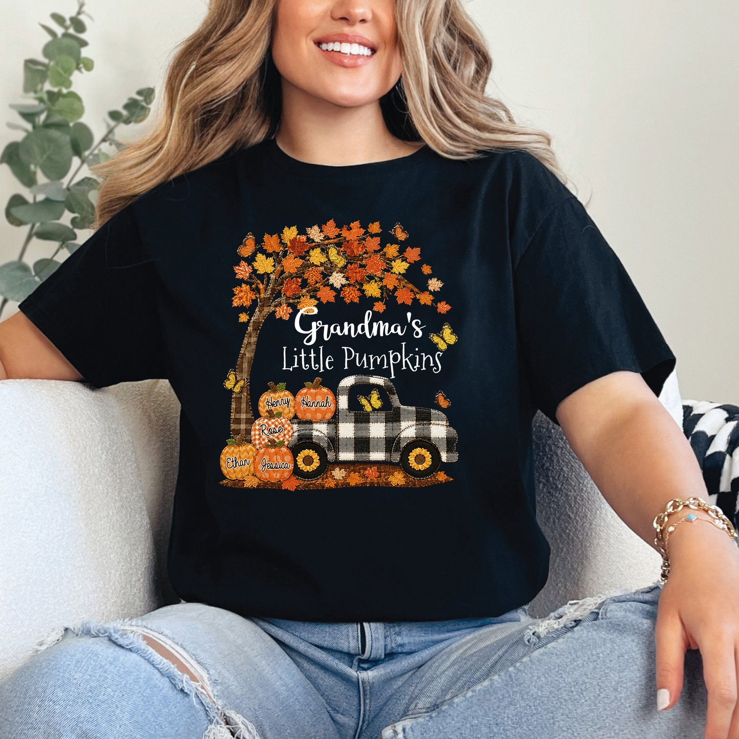 Custom Patchwork Grandma Pumpkin Shirt, Personalized Nana Mimi Tractor Fall Shirt with Kids Names