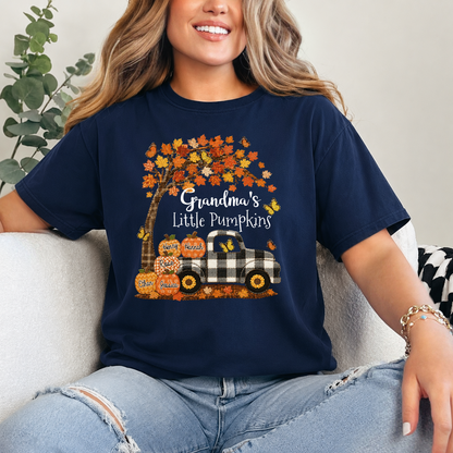 Custom Patchwork Grandma Pumpkin Shirt, Personalized Nana Mimi Tractor Fall Shirt with Kids Names