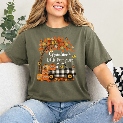 Custom Patchwork Grandma Pumpkin Shirt, Personalized Nana Mimi Tractor Fall Shirt with Kids Names