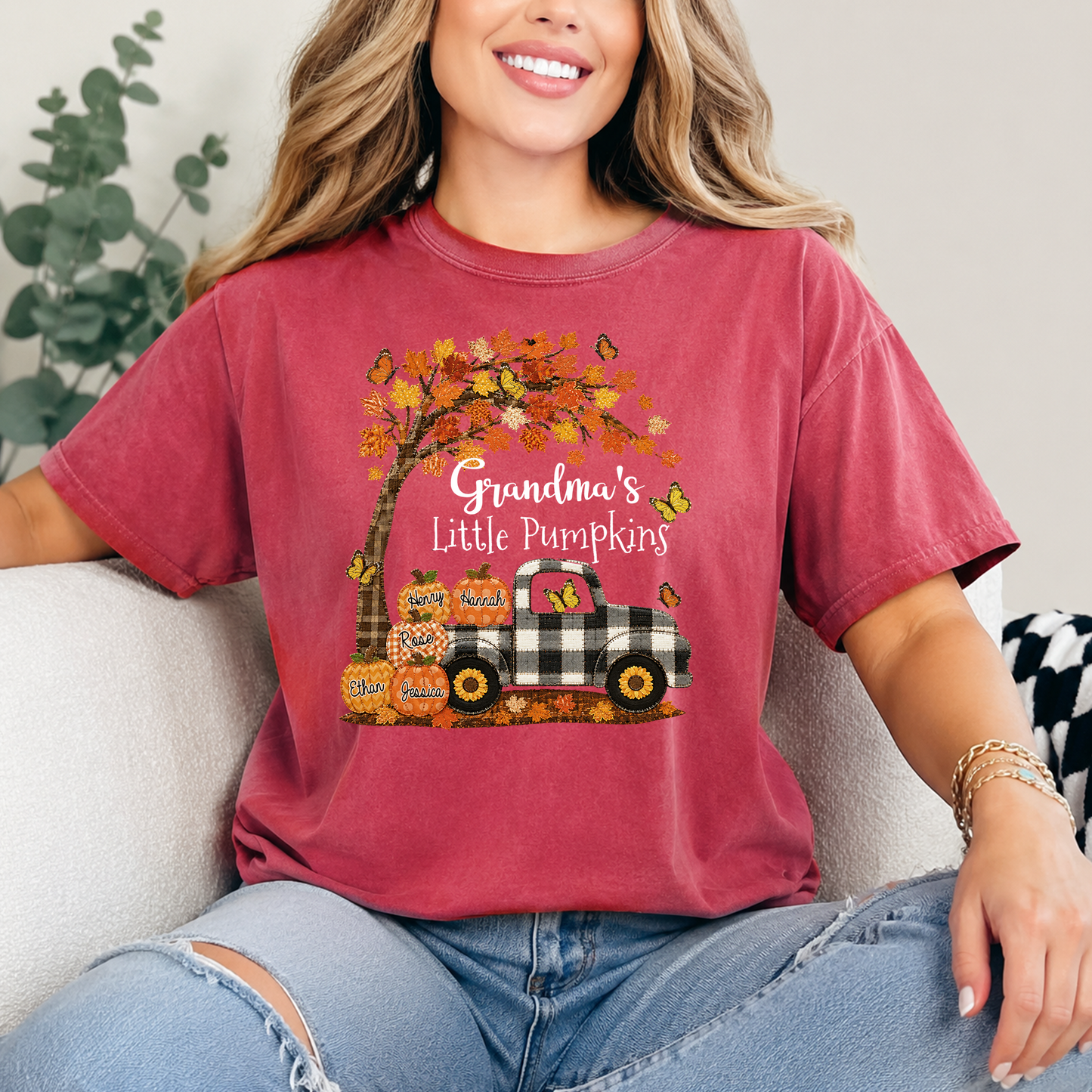 Custom Patchwork Grandma Pumpkin Shirt, Personalized Nana Mimi Tractor Fall Shirt with Kids Names