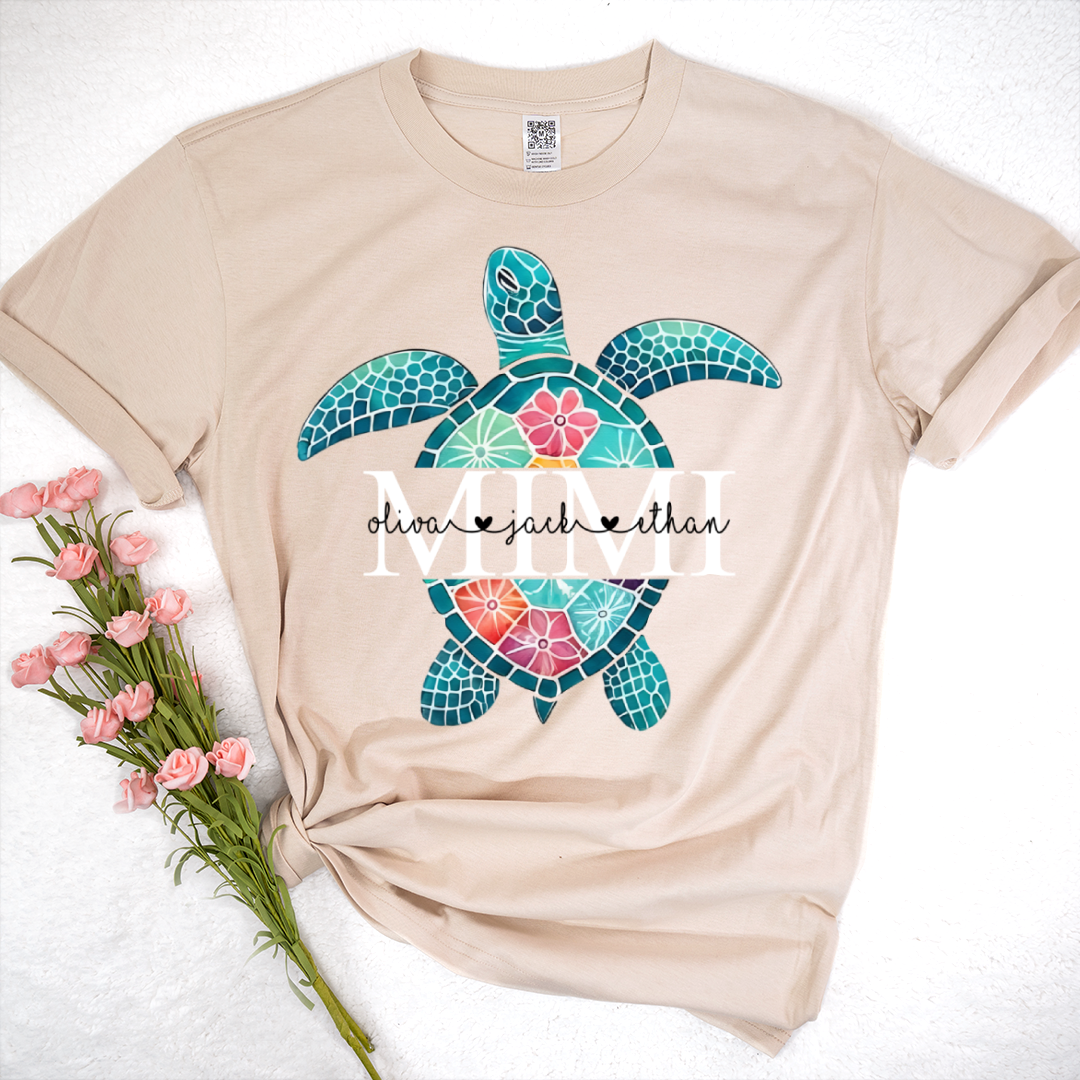 Personalized Mimi Sea Turtle Shirt, Custom Kids Names Floral Tee, Custom Family Names Gift for Grandma Shirt