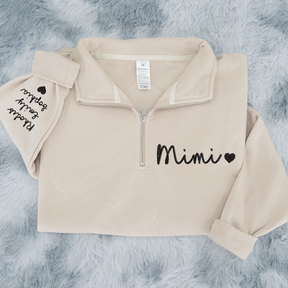 Personalized Mimi Heart Sweatshirt, Mimi And Grandkids Embroidered Quarter Zip Sweater
