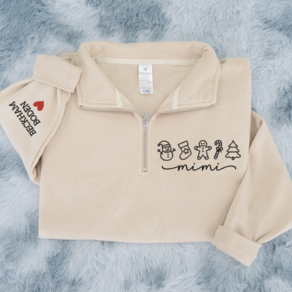 Custom Embroidered Mimi Merry Christmas Design, Gingerbread Sweatshirt And Grandkids Quarter Zip Sweater