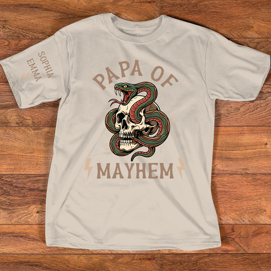 Papa Of Mayhem Personalized Shirt, Custom Papa Skull Snake Tee with Kids Names on Sleeve, Funny Grandpa Father Graphic T Shirt, Gift For Father’s Day Birthday