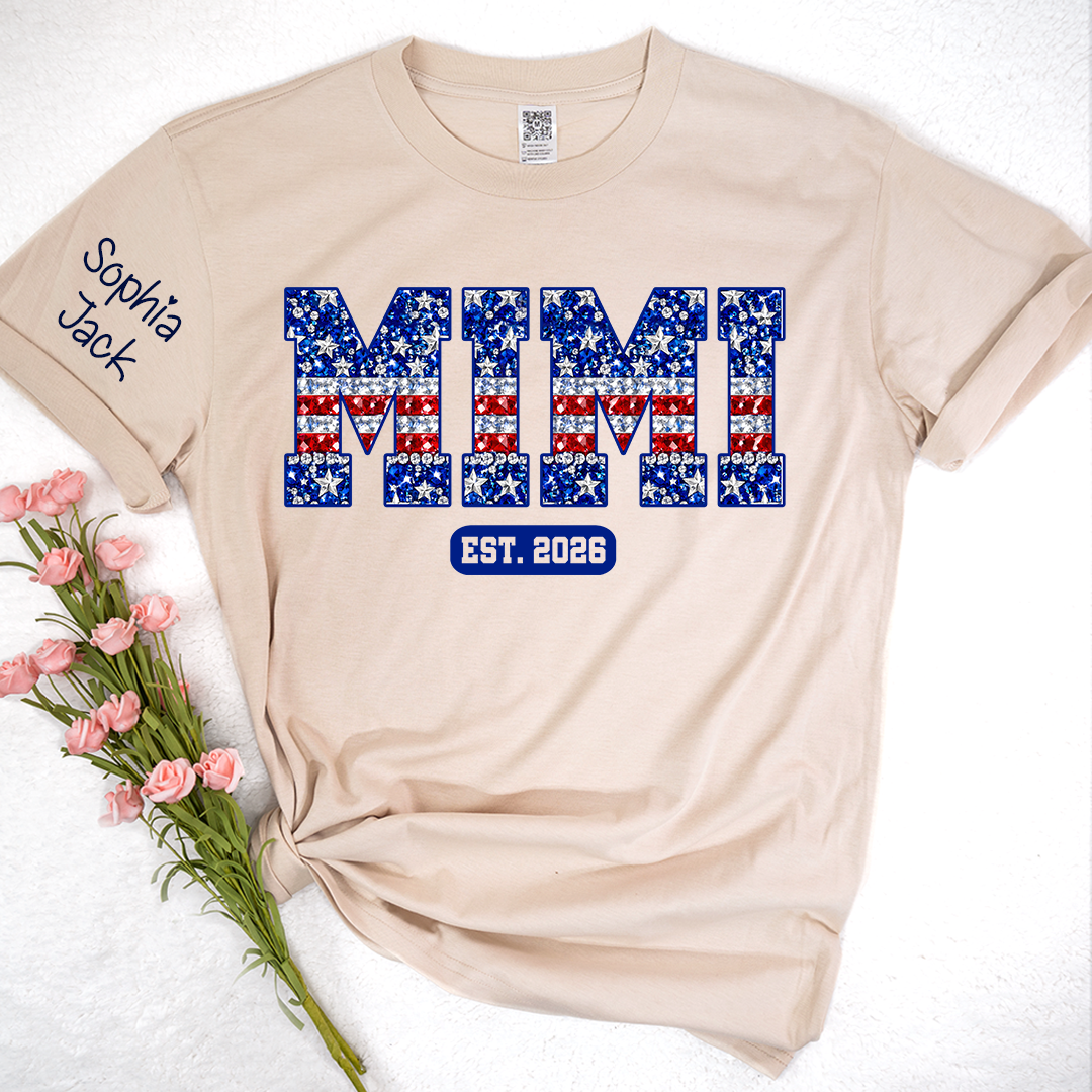 Mimi Faux Rhinestone Patriotic USA Flag Shirt Custom Nickname T-Shirt with Kids Names on Sleeve Est 2026 4th of July Mothers Day Family Matching Tee for Grandma Nana Gigi
