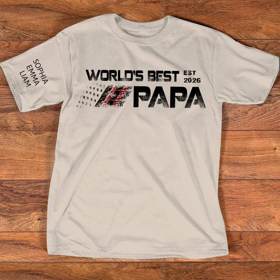 Personalized World’s Best Papa Shirt Custom Kids Names on Sleeve, Patriotic American Flag Grandpa T Shirt, Fathers Day Birthday Gift for Papa Dad Grandpa