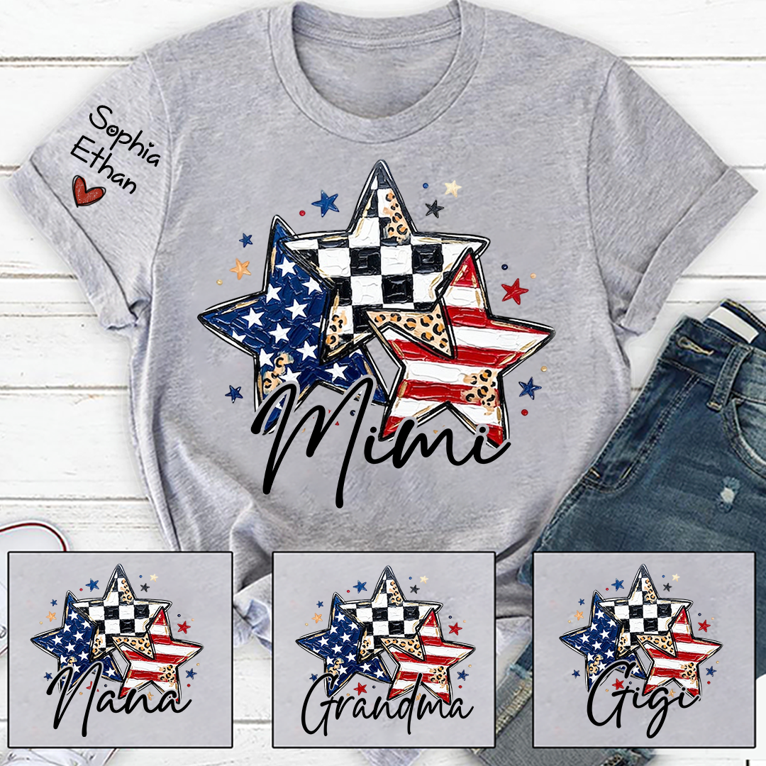 Personalized American Flag Star T-Shirt – Custom Mimi, Gigi, Nana Shirts, Fun Patriotic Gift for Grandparents, Perfect for Mother’s Day, Independence Day, and Birthdays