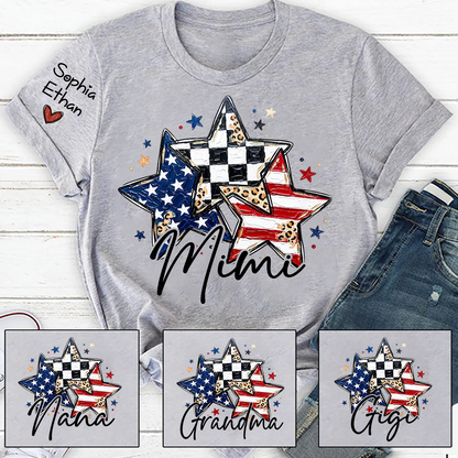 Personalized American Flag Star T-Shirt – Custom Mimi, Gigi, Nana Shirts, Fun Patriotic Gift for Grandparents, Perfect for Mother’s Day, Independence Day, and Birthdays