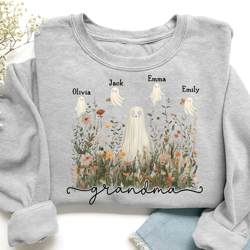 Grandma Cute Ghost in Wildflowers Halloween And Grandkids Sweatshirt