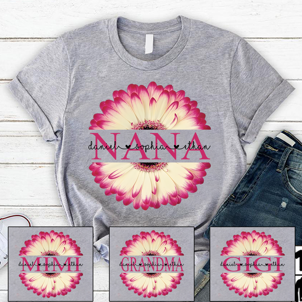 Personalized Nana T-Shirt with Pink Flower Graphic – Custom Grandma Gift Featuring Grandkids Names