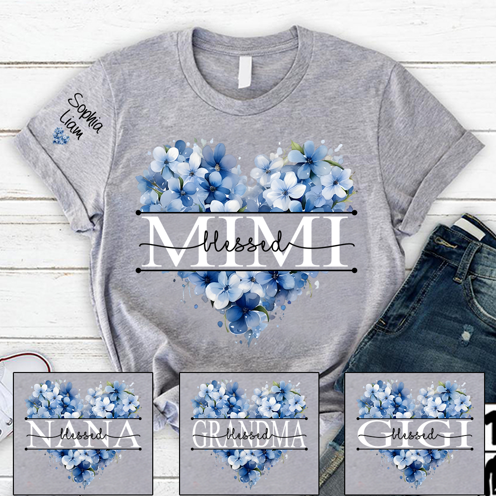 Personalized Blessed Mimi Floral Heart T Shirt, Custom Family Names with Beautiful Blue Flowers, Perfect Gift for Mimi