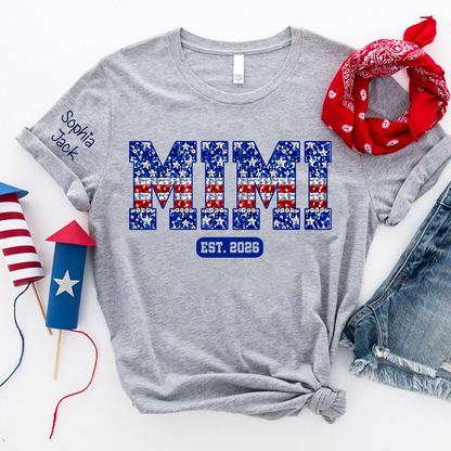 Mimi Faux Rhinestone Patriotic USA Flag Shirt Custom Nickname T-Shirt with Kids Names on Sleeve Est 2026 4th of July Mothers Day Family Matching Tee for Grandma Nana Gigi