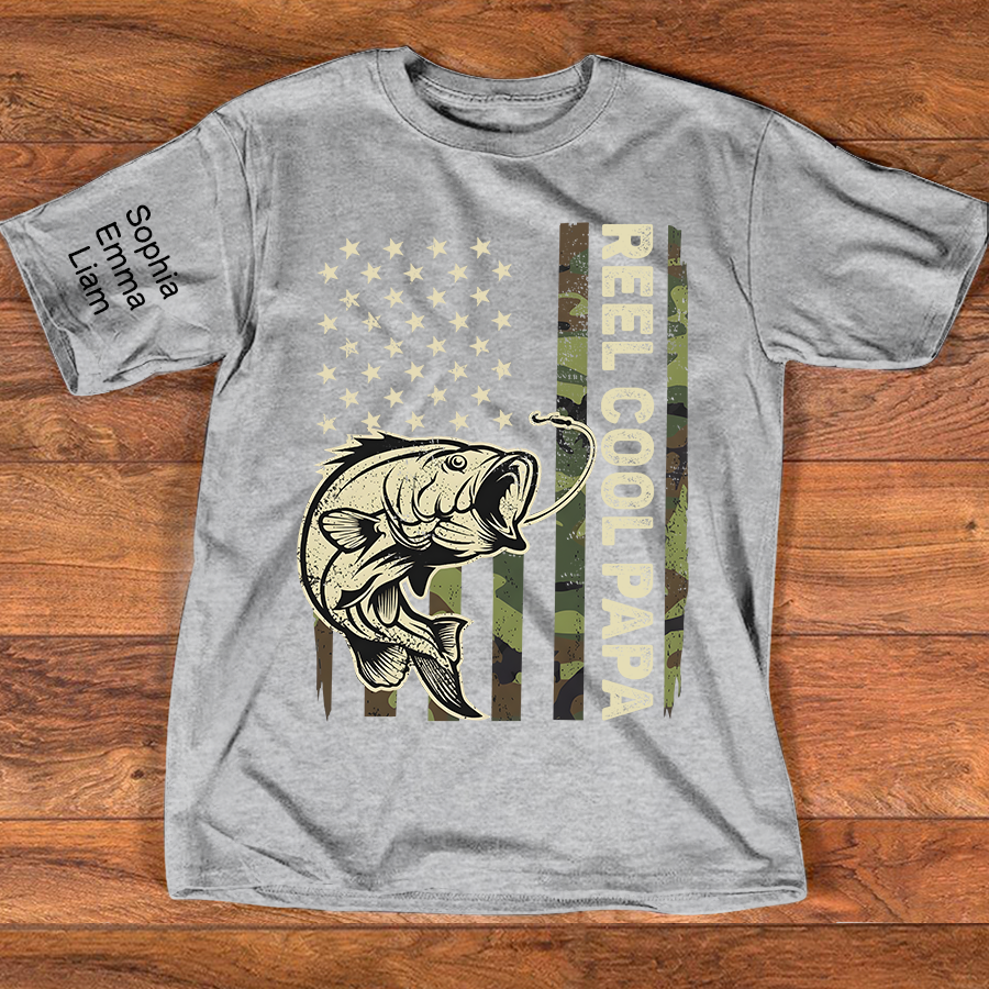 Personalized Reel Cool Papa Fishing Shirt Custom Kids Names on Sleeve, Bass Fish American Flag Shirt for Grandpa Dad, Fathers Day Family Gift