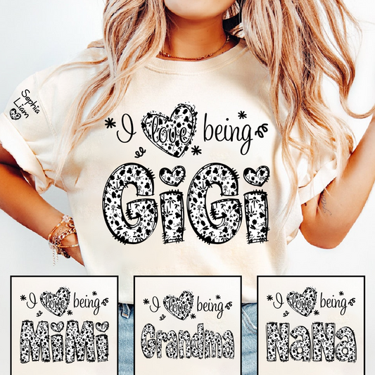 I Love Being Gigi Shirt for Grandma, Cute Floral Heart Typography Gigi T-Shirt, Sweet Family Gift for Women