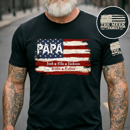 Personalized Papa American Flag Shirt, Custom Dad T-Shirt with Kids Names, Patriotic Family Gift