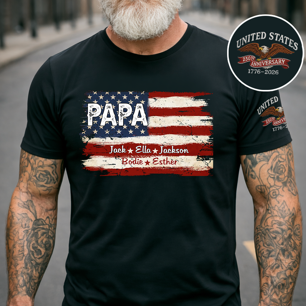Custom Papa American Flag Shirt with Kids Names, Personalized Patriotic Papa T Shirt Family Gift