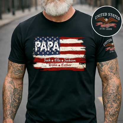 Custom Papa American Flag Shirt with Kids Names, Personalized Patriotic Papa T Shirt Family Gift
