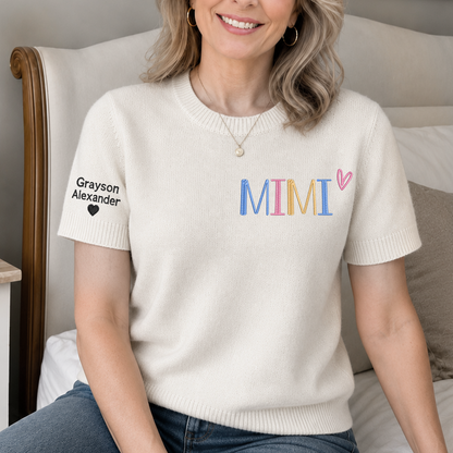Embroidered Mimi Knit Sweater, Personalized Crewneck, Custom Sleeve Names and Heart, Grandma Gift Ideas