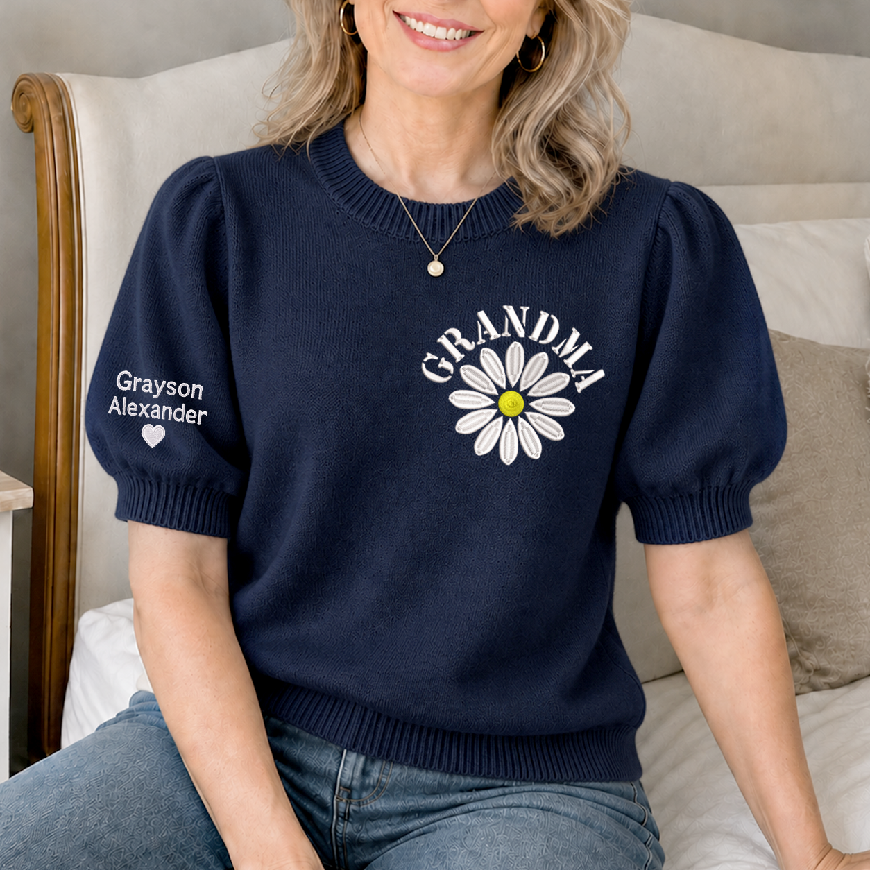 Custom Grandma Knit Sweater – Embroidered Daisy Pattern, Personalized Sleeve Text, Cozy Gift for Nana