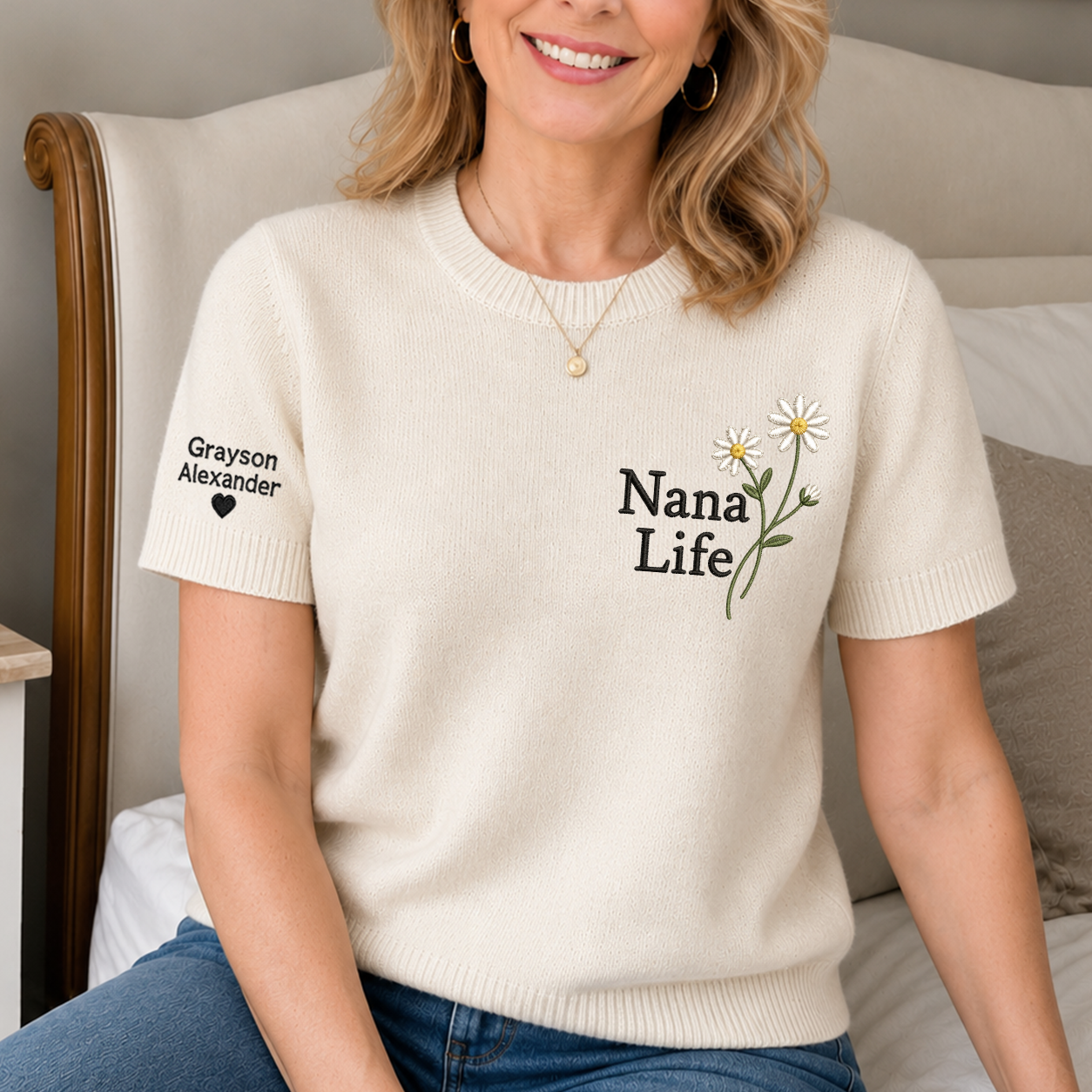 Custom Embroidered Knit Nana Life Sweater – Personalized Daisy Floral Crewneck with Sleeve Name