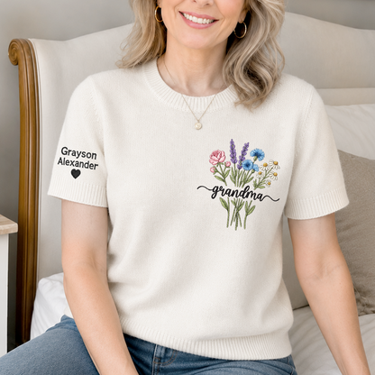 Embroidered Grandma Wildflower Knit Sweater, Personalized Crewneck, Custom Sleeve Name and Heart, Gift for Nana