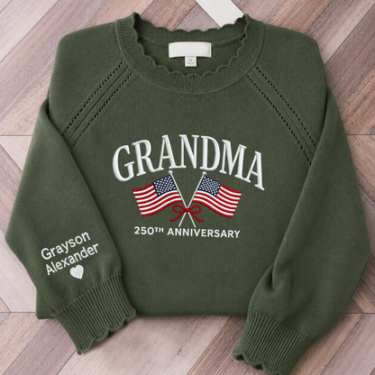 Custom Embroidered Grandma 250th Anniversary Knit Sweater, Personalized US Flag Crewneck, Custom Sleeve Names, Patriotic Grandma Gift