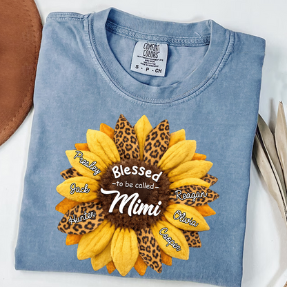 Custom Grandma Shirt, Personalized Sunflower Leopard Print Tee with Kids' Numbers, Gift for Grandma