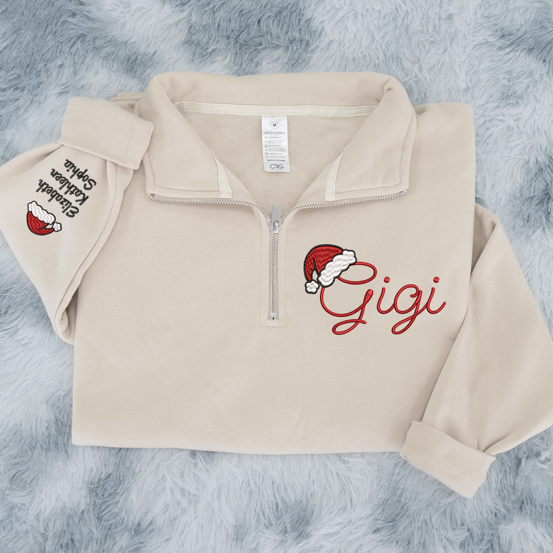 Gigi hat santa Merry Christmas Sweatshirt, Grandma And Grandkids Embroidered Quarter Zip Sweater