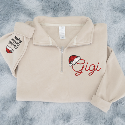 Gigi hat santa Merry Christmas Sweatshirt, Grandma And Grandkids Embroidered Quarter Zip Sweater