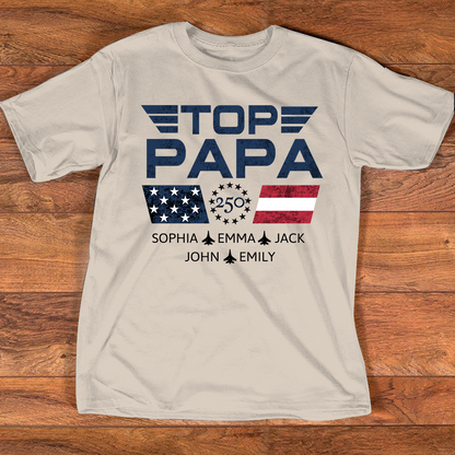 Personalized Top Papa Shirt with Custom Kids Names, Patriotic Airplane Grandpa T Shirt, U.S. 250th Anniversary Family Apparel for Fathers Day Birthday