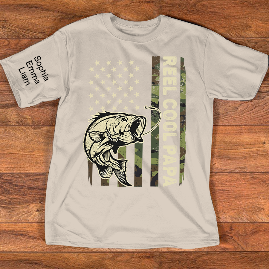 Personalized Reel Cool Papa Fishing Shirt Custom Kids Names on Sleeve, Bass Fish American Flag Shirt for Grandpa Dad, Fathers Day Family Gift
