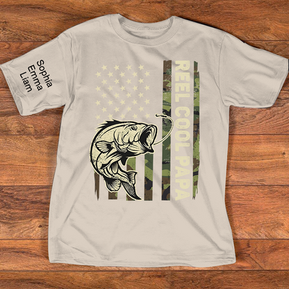Personalized Reel Cool Papa Fishing Shirt Custom Kids Names on Sleeve, Bass Fish American Flag Shirt for Grandpa Dad, Fathers Day Family Gift