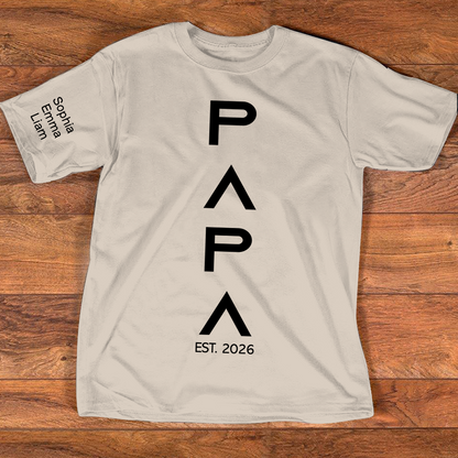Personalized Papa Shirt with Kids Names on Sleeve, Minimalist Vertical Papa Design Tee, Custom Grandpa Family T Shirt, Gift for Father Day Birthday