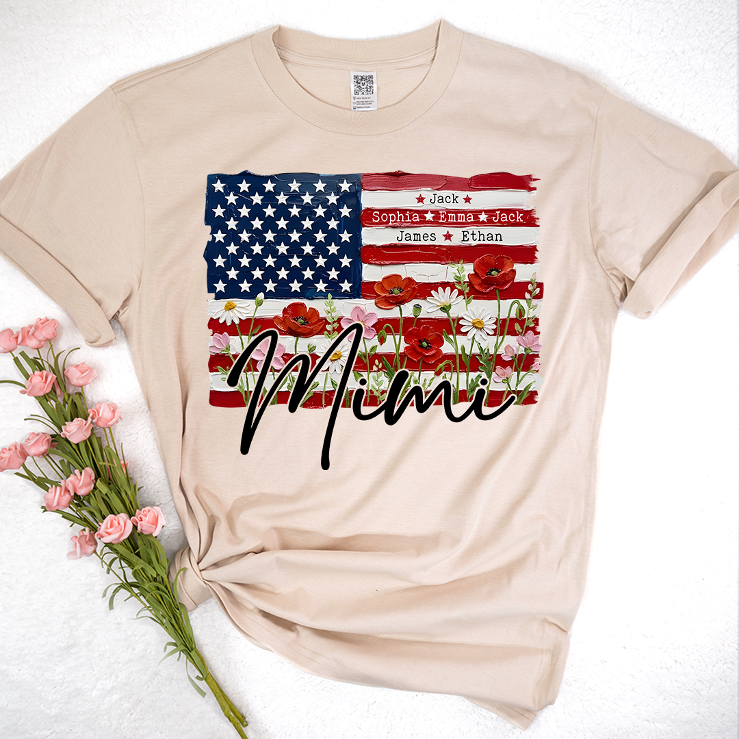Personalized Patriotic USA Flag Floral Mimi T-shirt, Custom Family Names T Shirt, Perfect for Nana, Gigi, Grandma