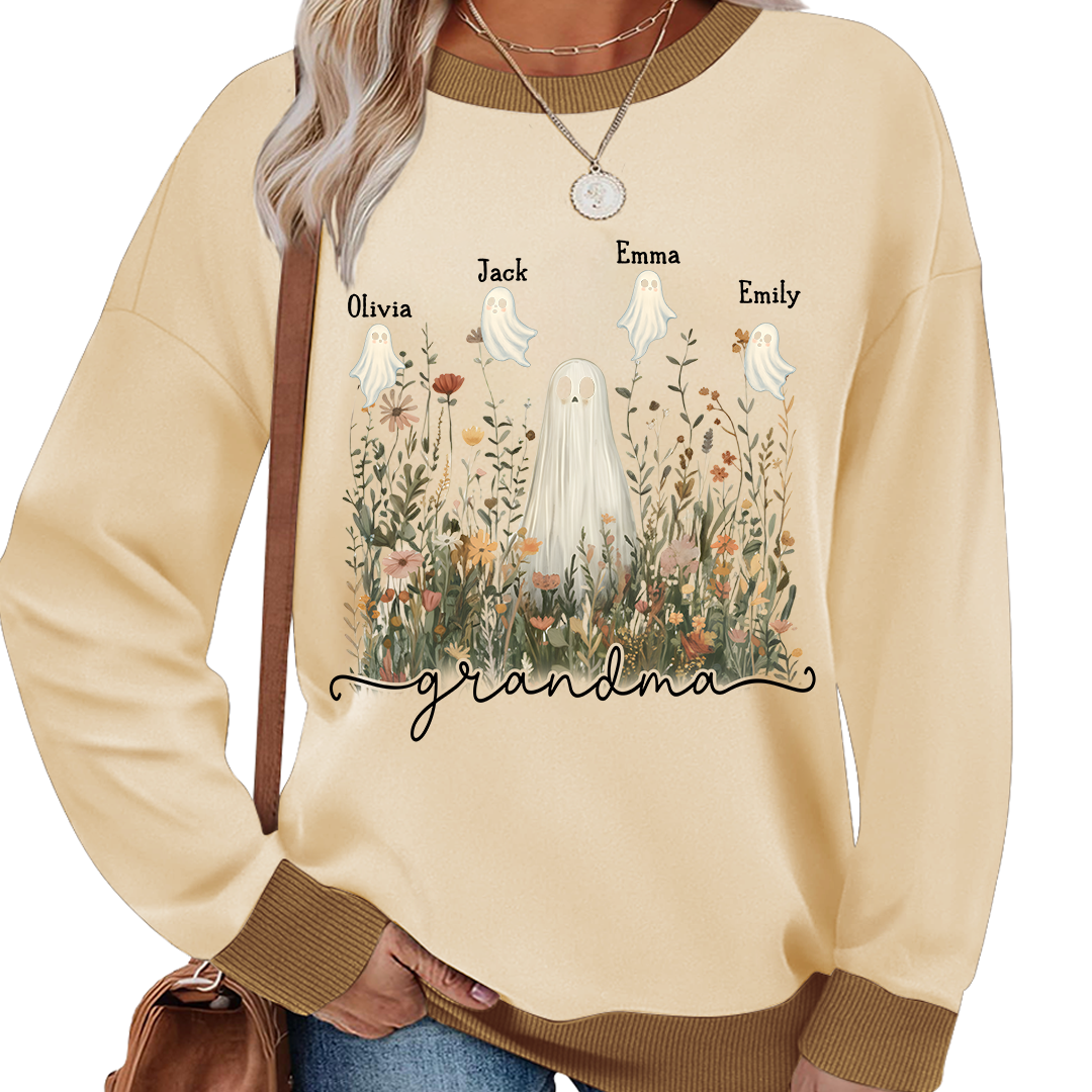 Grandma Cute Ghost in Wildflowers And Grandkids Fall Sweatshirt Mix