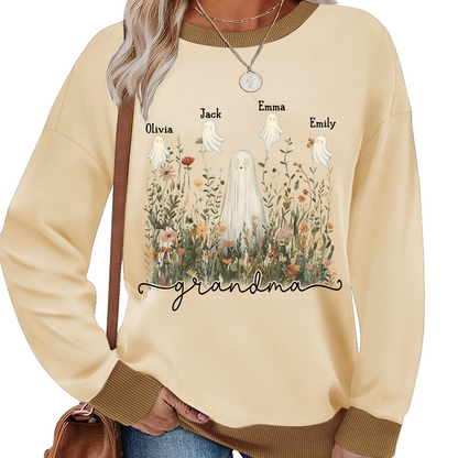 Grandma Cute Ghost in Wildflowers And Grandkids Fall Sweatshirt Mix