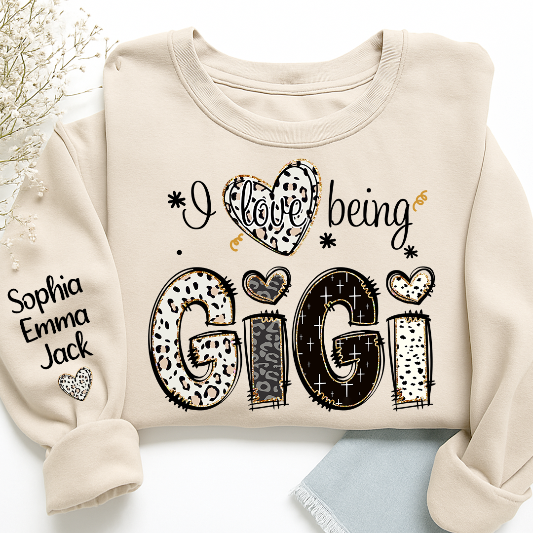 I love being Gigi Bible Style Gift For Grandma And Grandkids Names on Sleeve Sweatshirt