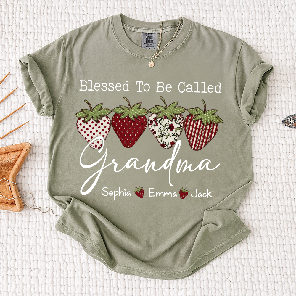 Comfort Colors® Personalized Blessed To Be Called Grandma, Custom Grandkids Names T-Shirt, Strawberry Patchwork Gift T-Shirt
