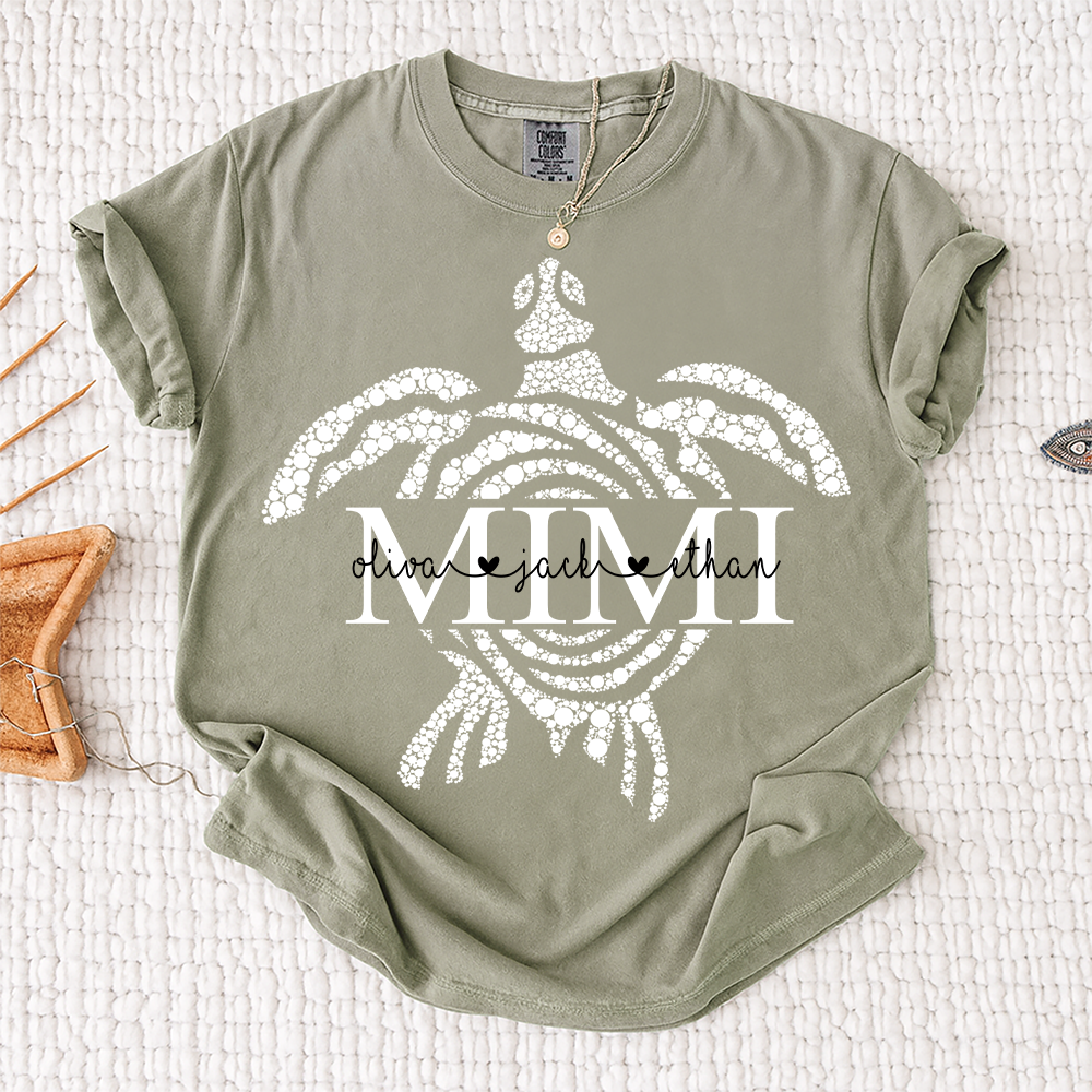 Comfort Colors® Personalized Mimi Mimi Sea Turtle Shirt, Custom Grandkids Names Beach Shirt,Custom Family Names Gift for Grandma