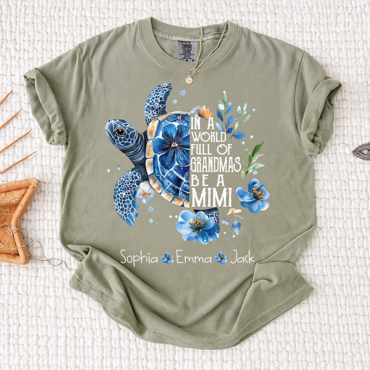 Comfort Colors® In A World Full Of Grandmas Be A Mimi Shirt, Sea Turtle Floral T-Shirt, Personalized Mimi Gift, Grandma Beach Tee