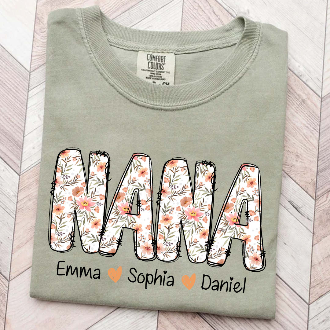 Comfort Colors® Nana Flower 2025 Shirt, Custom Grandma And Grandkids Shirt