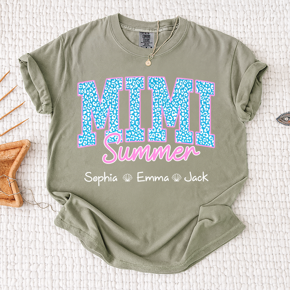 Comfort Colors® Personalized Mimi Summer Shirt, Custom Grandkids Names Shirt, Leopard Heart Grandma Shirt, Summer Gift for Mimi Nana Gigi, Birthday Mothers Day Shirt