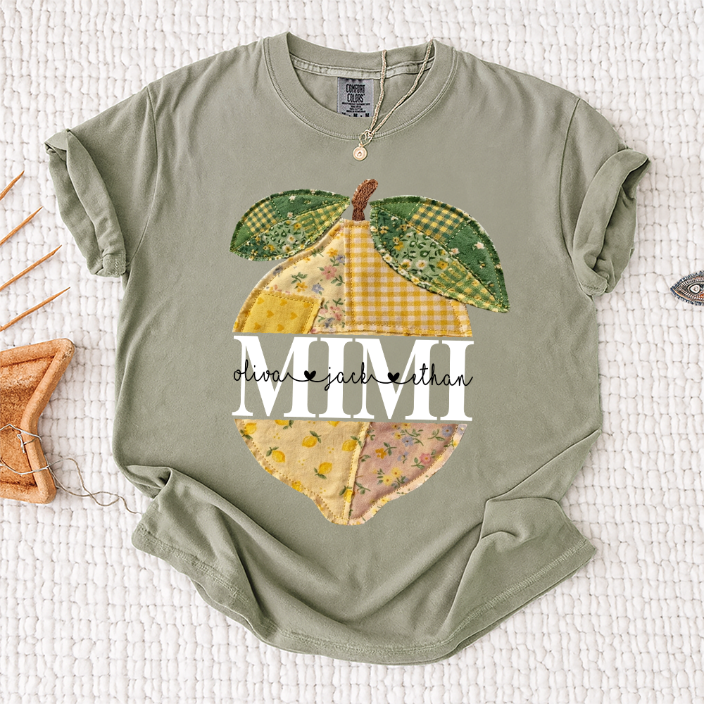 Comfort Colors® Custom Mimi Lemon Shirt, Personalized Grandkids Names Shirt, Patchwork Citrus Summer Shirt, Gift for Grandma Nana Gigi