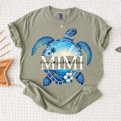 Comfort Colors® Personalized Mimi Sea Turtle Shirt, Custom Grandkids Names Beach Tee, Coastal Ocean Summer Gift for Grandma
