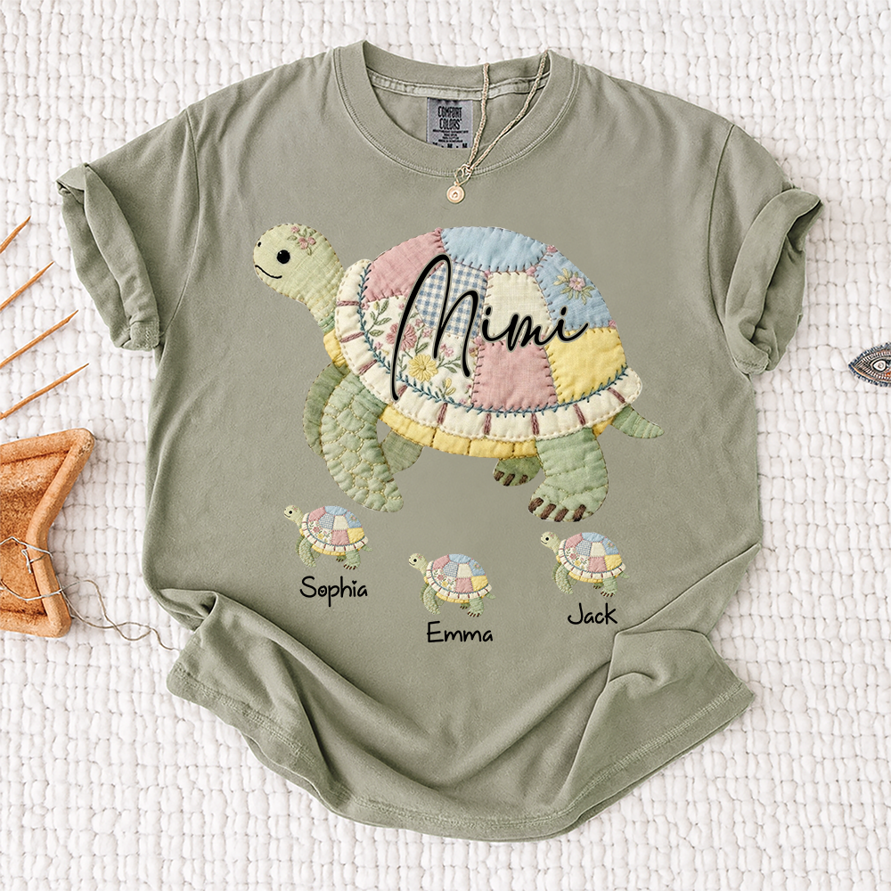 Comfort Colors® Personalized Mimi Patchwork Turtle, Custom Grandkids Names Shirt, Grandma Turtle Family Shirt, Birthday Gift for Mimi Nana Gigi, Mothers Day Shirt