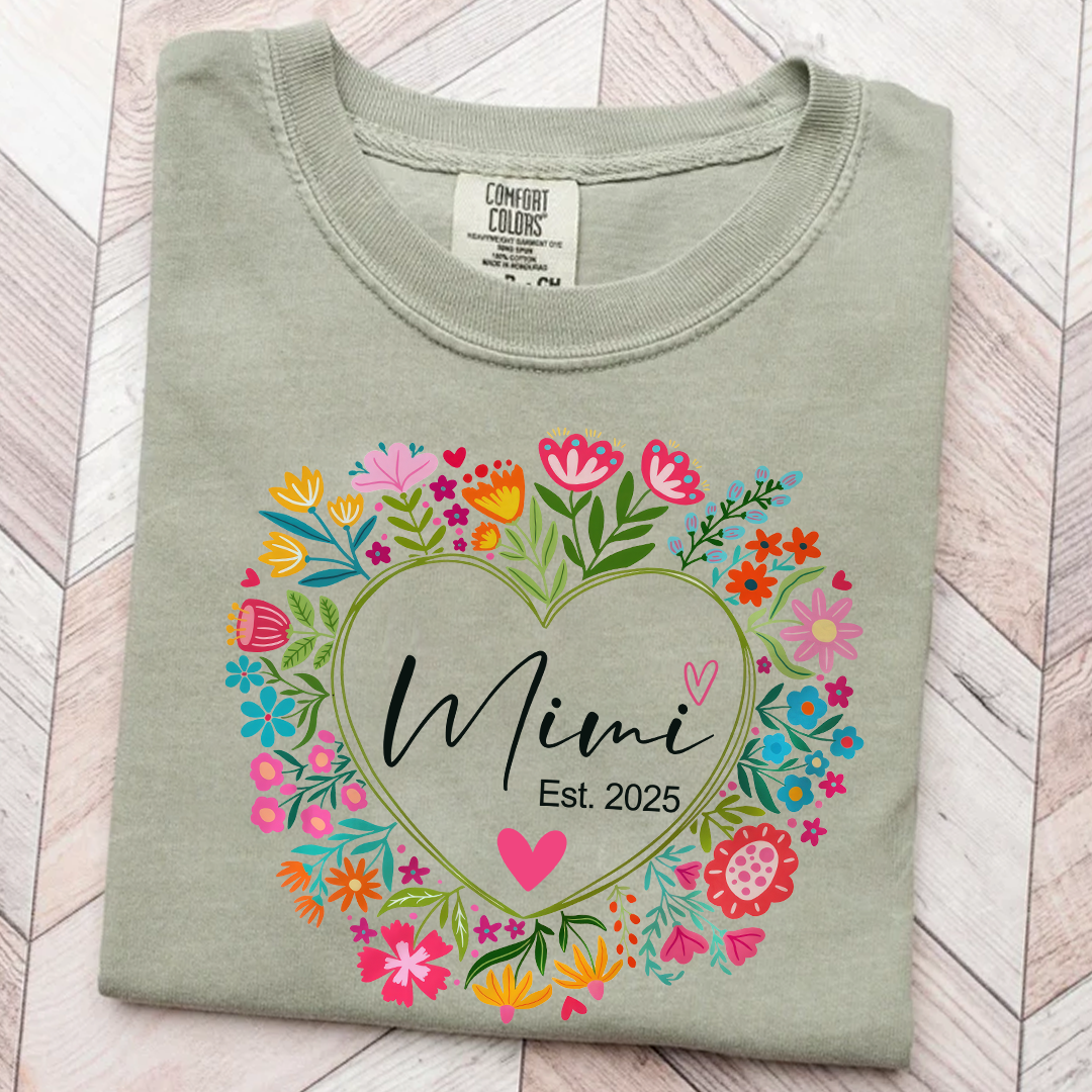 Comfort Colors® Mimi Heart Flower Est T-Shirt, Custom Grandma With Grandkids Shirt