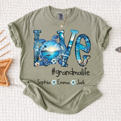 Comfort Colors® Personalized Love grandmalife Sea Turtle Shirt, Custom Family Names Gift for Grandma Shirt, Gift for Mimi Nana Gigi