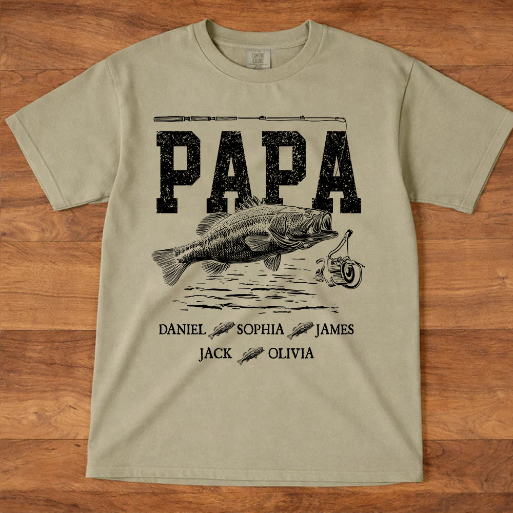 Comfort Colors® Papa Fishing Custom Name, Personalized Dad Papa Grandpa and Grandkids Gift  Father's Day T-shirt