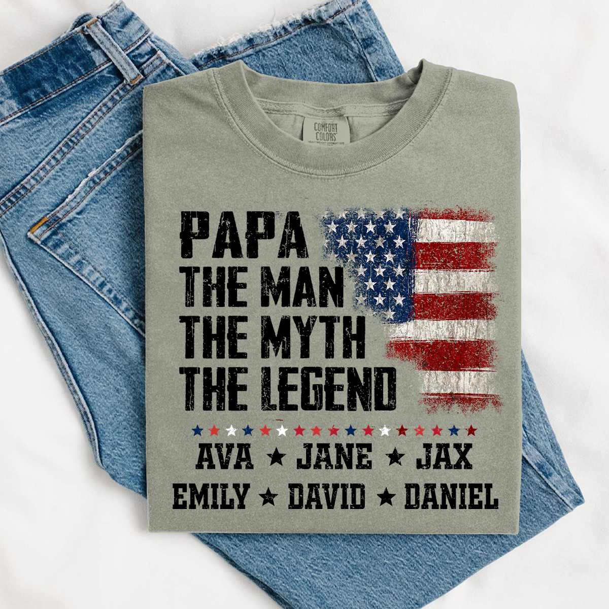 Papa The Man The Myth The Legend Shirt - Custom Comfort Colors Tee with Grandkids Names - Father's Day Gift