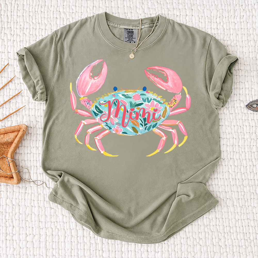 Comfort Colors® Personalized Mimi Crab Shirt, Custom Grandma Beach Shirt, Cute Floral Crab Summer Tee, Ocean Vacation Gift for Mimi Nana Gigi, Birthday Mothers Day Shirt
